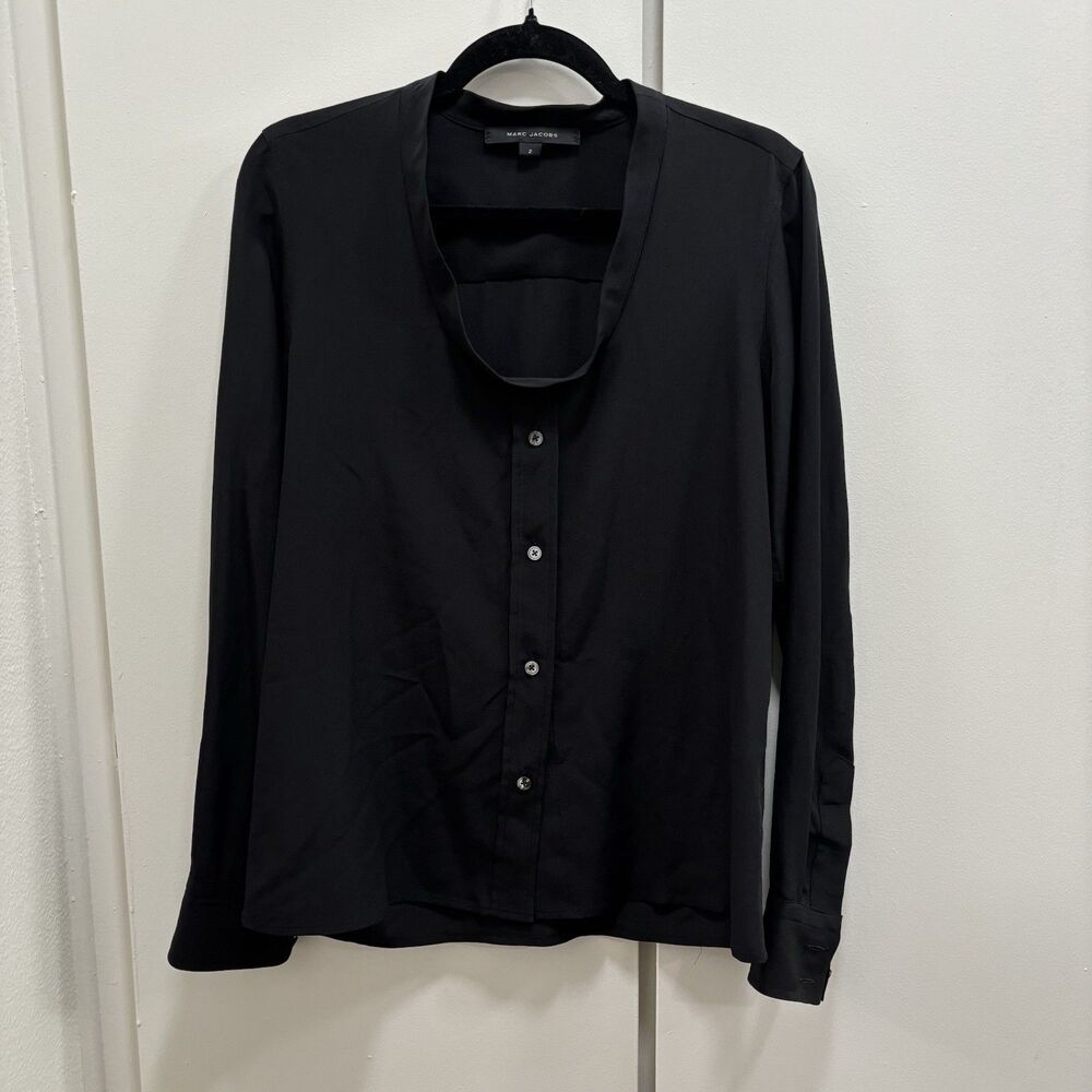 Marc Jacobs Women’s Sz 2 Black 100% Silk Cowl Neck Button Down Top Classic